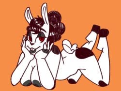 4:3 anthro babslechat bobbi_bunni featureless_feet female fingers hi_res lagomorph leporid lying mammal mature_female nude orange_background plantigrade rabbit simple_background sketch smile solo toeless_(marking)