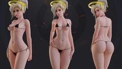 1girls 3d arhoangel ass big_ass blender female female_only looking_at_viewer looking_back mercy micro_bikini overwatch pinup solo thong thong_bikini