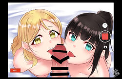 1boy 2girls akira_miku_ver bar_censor blonde_hair blush braid breasts brown_hair censored collaborative_fellatio crown_braid fake_screenshot fellatio from_above green_eyes hair_rings kurosawa_dia large_breasts long_hair looking_at_viewer love_live! love_live!_sunshine!! mole mole_under_mouth multiple_fellatio multiple_girls nipples ohara_mari oral penis ponytail pov small_breasts smile teamwork user_interface yellow_eyes