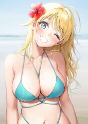 1girls ameyame beach bikini blonde_hair blue_bikini blue_eyes blue_swimsuit blush blushing cleavage female flower flower_in_hair hachimiya_meguru idolmaster idolmaster_shiny_colors large_breasts long_hair looking_at_viewer ocean one_eye_closed smile smiling solo swimsuit wet wet_hair wet_skin wink