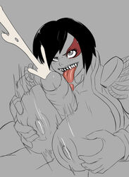 1boy 1girls alternate_breast_size anythinggoes areolae big_breasts black_hair breasts cum cum_between_breasts ejaculation ejaculation_between_breasts frida_mofette huge_breasts human large_breasts long_tongue monochrome nipples paizuri sharp_teeth simple_background straight wakfu