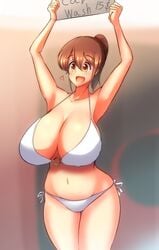 1girls aen030 arms_above_head belly bikini blush brown_hair car_wash female hazel_eyes holding_sign kureha_reimu navel smile touhou voluptuous white_bikini yukkuri_to_rooru_suru_trpg