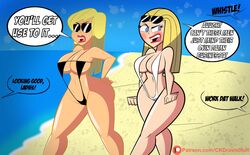 bikini blonde_hair carol_(looney_tunes) catcalling codykins123 dialogue female femme_fatale femme_fatale_(powerpuff_girls) human offscreen_character powerpuff_girls sling_bikini slingshot_bikini slingshot_swimsuit tagme text the_looney_tunes_show thick_thighs