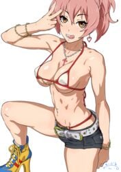 1girls arm_at_side belt belt_buckle bikini bikini_under_clothes body_blush bracelet breasts brown_eyes buckle chain chains cleavage cowboy_shot cross cross_necklace denim denim_shorts earrings eyelashes female female_only fingernails groin gyaru hand_up heart heart_earrings high_heels highres idolmaster idolmaster_cinderella_girls jewelry jougasaki_mika leg_up legs_apart licking_lips long_fingernails looking_at_viewer medium_breasts micro_bikini nail_polish navel_piercing necklace nipple_chain one_eye_closed pink_hair pink_nails ponytail shoelaces short_shorts shorts sideboob signature simple_background smile solo solo_female standing stomach strap_gap string_bikini suna swimsuit teeth thong_above_shorts thong_straps tongue tongue_out tongue_piercing underboob v white_background white_belt