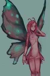 animal_humanoid antennae_(anatomy) arthropod arthropod_humanoid blue_eyes breasts butterfly_humanoid crotch_lines female genitals hair humanoid insect_humanoid insects lepidopteran lepidopteran_humanoid lepidopteran_wings navel nipples pink_body pink_hair pixie portals_of_phereon pussy ribs simple_background small_breasts solo standing syvaron wings