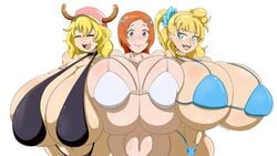 3girls :d alternate_breast_size big_breasts bikini bimbo bleach blonde_hair blue_eyes breast_press curvaceous curvy curvy_body female female_only galko happy huge_breasts hyper hyper_breasts inoue_orihime looking_at_viewer miss_kobayashi's_dragon_maid multiple_girls oshiete!_galko-chan quetzalcoatl_(dragon_maid) tagme tasteofchoklit thick voluptuous white_background wide_hips