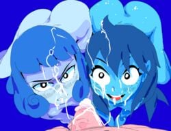 1boy 2girls alien alien_girl angry angry_facial ass_to_ass bent_over blue_girl blue_hair blue_skin blush cartoon_network cum cum_in_hair cum_on_face cum_on_forehead cum_on_hair cum_on_head cum_on_nose eyes_wide_open facial female female_focus gem_(species) human interspecies lapis_lazuli_(gem) lapis_lazuli_(steven_universe) male mean_lapis multiple_facials multiple_girls naked nice_lapis nude on_knees penis sex short_hair steven_universe steven_universe_future threesome tsundere unseen_male_face wide_eyed yev-san