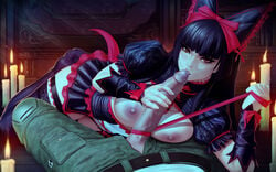 1boy 1girls big_breasts big_penis black_hair blunt_bangs breasts breasts_out candle clothed clothing dark_room dress ejaculation faceless_male feet fellatio female female_focus gate_-_jieitai_ka_no_chi_nite_kaku_tatakaeri hand_on_penis itami_youji kissing kissing_penis lolita_dress lolita_fashion lolita_hairband long_hair long_penis looking_at_viewer looking_away male medium_breasts nipples on_person open_mouth pants pants_open penis penis_on_breast red_eyes ribbon rory_mercury stockings themaestronoob tongue tongue_on_penis tongue_out veiny_penis wet wet_penis zipper_down