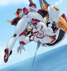 1_horn anus ass blue_nipples blue_tongue blush breasts censored darling_in_the_franxx heart heart_censor horns humanoid_robot looking_at_viewer mecha mecha_musume nipples open_mouth pochincoff pushing red_eyes robot strelizia white_legwear white_skin