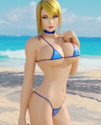 1girls 3d adeptusinfinitus beach bikini blender blonde_hair blue_eyes breasts cleavage curvy female female_only fit large_breasts metroid nintendo outdoors panties ponytail public realistic samus_aran smile suggestive swimsuit