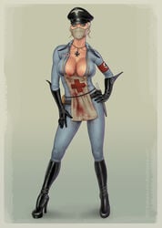 1girls apron bathory_mengele big_breasts blonde_hair blood bloodrayne bodysuit boots breasts bust busty cleavage commission female female_focus female_only full_body gloves hourglass_figure huge_breasts iron_cross large_breasts looking_at_viewer mask masked nazi nurse redfill simple_background solo solo_female solo_focus swastika vampire villain waffen-ss weapon