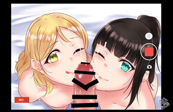 1boy 2girls akira_miku_ver bar_censor blonde_hair blush braid breasts brown_hair censored collaborative_fellatio crown_braid cum cum_on_lips facial fake_screenshot fellatio from_above green_eyes hair_rings kurosawa_dia large_breasts licking_lips long_hair looking_at_viewer love_live! love_live!_sunshine!! mole mole_under_mouth multiple_fellatio multiple_girls nipples ohara_mari one_eye_closed oral penis ponytail pov small_breasts smile teamwork tongue tongue_out user_interface yellow_eyes