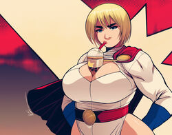 1girls between_breasts biceps big_breasts blonde_hair blue_eyes breasts bubble_tea_challenge curvaceous curvy dc dc_comics disposable_cup drink drinking_straw drinking_straw_in_mouth female female_focus female_only huge_breasts kara_zor-l karen_starr large_breasts leotard muscular object_on_breast pose posing power_girl short_hair solo superheroine superman_(series) tagme thick_thighs triplexmile voluptuous