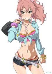 1girls bag belt bra_cups_sticking_out bracelet breasts cleavage cross earrings eyebrows_visible_through_hair female female_only front-tie_top grin gyaru heart heart_earrings highres holding holding_bag idolmaster idolmaster_cinderella_girls jewelry jougasaki_mika legs_apart looking_at_viewer medium_breasts midriff navel necklace pendant pink_hair scrunchie shiny shiny_skin shirt short_shorts shorts simple_background smile solo solo_female standing suna thong thong_above_shorts thong_straps tied_shirt white_background wrist_scrunchie