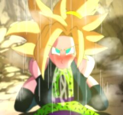 angry bio-android_(dragon_ball) blonde_hair blowjob blush cell_(dragon_ball) clothing dragon_ball dragon_ball_xenoverse fellatio large_breasts original_character owarida perfect_cell saiyan super_saiyan