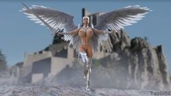 3d angel angel_wings big_breasts bimbo blonde_hair breasts functionally_nude high_heels highres hourglass_figure large_breasts navel nipples silver slushe_(website) stockings sword taziota wings