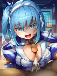 1boy 1girls android big_breasts blue_eyes blue_hair blush boobs breasts cum cum_between_breasts cum_on_breasts ejaculation_between_breasts engulfing_paizuri hoqn1108 huge_breasts large_breasts looking_at_viewer mega_man mega_man_x mega_man_x_dive outercourse paizuri pov rico_(mega_man) robot robot_girl straight