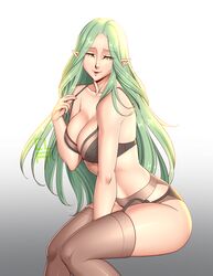 1girls absurdres black_bra bra breasts cleavage cleru_(cleruuuuu) closed_mouth female fire_emblem fire_emblem:_three_houses garter_belt green_eyes green_hair highres lingerie long_hair nintendo pointy_ears rhea_(fire_emblem) simple_background smile solo solo_female thighhighs underwear