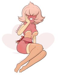 1girls alien alien_girl arm_length_gloves artist_name bare_shoulders blushmallet bra breasts brown_skin bustier cartoon_network covered_eyes dark-skinned_female female female_only gem_(species) glowing hair_covering_eye hair_covering_eyes legs lingerie long_gloves off_colors_(steven_universe) padparadscha_(steven_universe) panties short_hair solo solo_female steven_universe stockings thighhigh_stockings white_background