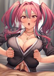 1boy 1girls absurdres azur_lane bangs big_breasts blush breast_squeeze breasts bremerton_(azur_lane) cardigan censored clothed clothed_female clothed_female_nude_male collared_shirt cum cum_between_breasts cum_on_body cum_on_breasts cum_on_chest cum_on_upper_body earrings female female_focus fully_clothed green_nails hair_between_eyes heavy_breathing highres jewelry large_breasts long_hair looking_at_viewer male mole mole_under_eye momo_no_sukebe mosaic_censoring multicolored_hair multiple_earrings open_mouth outercourse paizuri paizuri_under_clothes penis pink_eyes pink_hair pov pov_male shirt solo_focus straight streaked_hair sweat twintails white_shirt