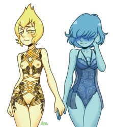 2girls alien alien_girl alien_humanoid blonde_hair blue_girl blue_hair blue_pearl_(steven_universe) blue_skin blush bodypaint breasts breasts_out cartoon_network chest_gem embarrassed female female_focus female_only floral_print flowers gem gem_(species) hair_covering_eyes half-closed_eyes hand_holding harness hourglass_figure leotard lesbian lingerie multiple_girls nipples pearl_(gem) pussy scamanderbianca short_hair small_breasts steven_universe thick_thighs vagina yellow_eyes yellow_hair yellow_nipples yellow_pearl_(steven_universe) yellow_skin yuri