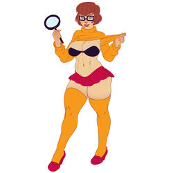 abs alternate_version_available black_bra blush bra brown_eyes brown_hair cleavage commission dat_ass freckles glasses hanna-barbera highsocks holding_object magnifying_glass maroon_clothing medium_breasts miniskirt nerdy onemienix orange_clothing orange_shirt orange_sweater orange_thighhighs parody posing red_footwear red_heels red_sandals red_skin scooby-doo shirt_lift short_hair short_skirt simple_background smiling square_glasses standing sweater_lift thick_thighs thigh_gap thighhighs toned_female twitter twitter_username velma_dinkley white_background