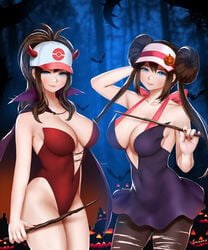 2girls big_breasts breasts cleavage easonx female female_only halloween hilda_(pokemon) large_breasts nintendo pokemon pokemon_bw pokemon_bw2 rosa_(pokemon)