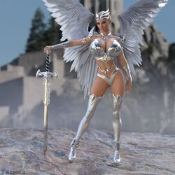 3d angel angel_wings big_breasts bikini_armor bimbo blonde_hair breasts cleavage high_heels highres hourglass_figure large_breasts looking_at_viewer navel silver slushe_(website) stockings sword taziota wings