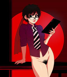 1girls alternate_costume bandana big_breasts black_eyes black_hair blouse bottomless breasts busty capcom casual_nudity eyelashes eyeliner eyewear female female_focus female_only female_pubic_hair glasses hairy_pussy hi_res hourglass_figure lipstick looking_over_glasses makeup megane nail_polish navel office office_lady pinup pinup_pose pose posing pubic_hair pussy sakura_kasugano shirt short_hair sleeves_rolled_up solo standing street_fighter tablet tagme tie tomboy triplexmile vagina wide_hips