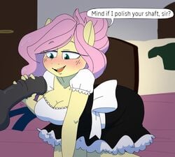 anthro big_breasts chubby chubby_female cosplay curvy curvy_female curvy_figure cute digital_art fluttershy_(mlp) foreplay furry handjob hips indoors maid maid_outfit my_little_pony pink_hair pony straight_hair thick_thighs thighs tralalayla