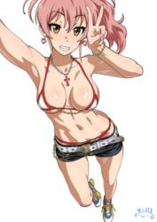 1girls armpits belt bikini bracelet breasts brown_eyes cleavage cross cross_necklace earrings female female_only grin gyaru heart_earrings highres idolmaster idolmaster_cinderella_girls jewelry jougasaki_mika looking_at_viewer medium_breasts micro_bikini nail_polish navel necklace nipple_chain pendant pink_hair pink_nails ponytail shoes short_shorts shorts sideboob signature simple_background smile sneakers solo solo_female suna swimsuit teeth thighs underboob v white_background