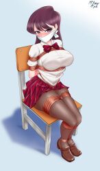 arms_tied arms_tied_behind_back artist_logo artist_signature big_ass big_breasts big_butt blush blush_lines blushing bondage bound chair chair_tied cloth_gag gag gagged helpless komi-san_wa_komyushou_desu komi_shouko legs_tied looking_at_viewer mymyeye over_the_mouth_gag pink_eyes purple_hair red_skirt rope rope_bondage school_uniform schoolgirl schoolgirl_uniform simple_background sitting skirt submissive submissive_female thick_thighs