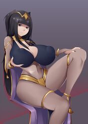 1girls black_hair bluespice bodystocking bra cape cleavage female fire_emblem fire_emblem_awakening goth groping_breasts huge_breasts navel nintendo nipple_bulge short_hair simple_background solo solo_female tharja_(fire_emblem) thick thick_thighs wide_hips