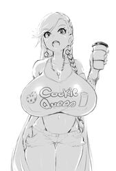 backlighting bad_id bad_twitter_id bangle bracelet braid breasts cleavage clothes_writing coffee_cup commentary cowboy_shot cup disposable_cup earrings eyebrows_visible_through_hair female gluteal_fold greyscale highleg highleg_panties huge_breasts jewelry long_hair magister_(bigbakunyuu) midriff monochrome muchigaku navel open_mouth original pandora_smith panties shirt short_shorts shorts side_braid single_braid solo t-shirt thigh_gap thumb_in_pocket underwear very_long_hair