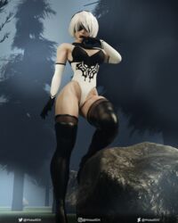 3d blindfold elbow_gloves female_only legs leotard light-skinned_female light_skin nier:_automata solo_female stockings thighhighs thong_leotard viewed_from_below white_hair wicked3dx worm's-eye_view yorha_2b