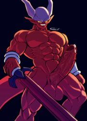 absurd_res balls big_balls big_penis bodily_fluids demon dimension_sword dragon_ball e-zoid evil_grin genital_fluids genitals grin hi_res horn huge_balls huge_cock humanoid humanoid_pointy_ears hyper hyper_genitalia hyper_penis janemba male male_only melee_weapon muscular muscular_humanoid muscular_male nude penis precum precum_on_penis red_body sharp_teeth smile solo super_janemba sword teeth weapon yellow_eyes