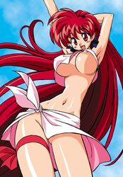 00s 1girls :d akira_(viper) arm_grab armpits arms_up ass_visible_through_thighs bow breasts clothing crop_top erect_nipples erect_nipples_under_clothes eyebrows_visible_through_hair female female_only hair_ribbon kimura_takahiro large_breasts legwear long_hair long_ponytail matching_hair/eyes midriff navel nipple_bulge nipples official_art open_mouth outdoors red_eyes red_hair ribbon sarong skirt sky smile sogna solo standing tank_top thick_thighs thigh_ribbon thigh_strap thighs thin_waist tied_hair tongue underboob very_long_hair viper_(series) viper_gtb