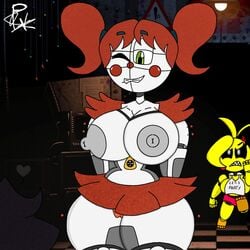 2girls animatronic baby_(fnafsl) big_breasts biting_lip circus_baby circus_baby_(fnaf) envy erect_nipples five_nights_at_freddy's five_nights_at_freddy's_2 green_eyes large_breasts multiple_girls sister_location thick_thighs thighhighs toy_chica_(fnaf) twintails wink xxpxx