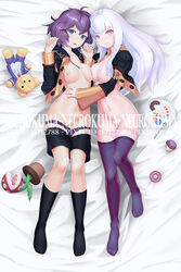 2girls bernadetta_von_varley breasts breasts_out candy censored covering dakimakura female_only fire_emblem fire_emblem:_three_houses food garreg_mach_monastery_uniform large_breasts leggings long_hair looking_at_viewer lysithea_von_ordelia mario_(series) necrokuma nintendo nipples open_clothes open_mouth open_shirt panties panties_down pantyhose pink_eyes pink_panties piranha_plant purple_eyes purple_hair purple_panties short_hair shorts smile sweets undressed undressing white_hair