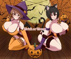 2girls big_breasts black_hair blush brunette cat_ears cat_tail catgirl costume dark_hair gloves halloween huge_breasts kaede_kiten large_breasts mameneko minami_rina multiple_girls seductive seductive_eyes seductive_look seductive_smile short_hair thick thick_thighs thighhighs thin_waist voluptuous witch witch_hat