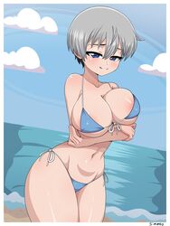 1girls areolae beach big_breasts bikini breast_hold breasts cleavage female female_only large_breasts looking_at_viewer side-tie_bikini simmsy solo thick_thighs uzaki-chan_wa_asobitai! uzaki_hana wide_hips