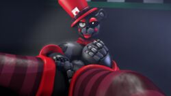 3d 3d_(artwork) areolae awwman bear big_breasts black_bear black_fur bow_tie breasts female female_only five_nights_at_freddy's fondling fondling_breast freddy_fazbear's_pizzeria_simulator lefty_(fnaf) masturbation nipples pussy rule_63 scrapkill solo solo_female tongue_out top_hat