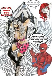 1boy 2girls angry athletic athletic_female bhabeshrath big_breasts black_cat_(marvel) bra breasts bust busty costume cute dialogue english_text felicia_hardy female funny huge_breasts large_breasts light-skinned_female light_skin male maledom marvel marvel_comics mary_jane_watson mask masked outfit parody peter_parker red_hair smile smiling speech_bubble spider-man spider-man_(series) straight straight_hair stuck text underwear web white_hair