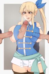 1girls 3boys big_breasts blonde_hair blonde_hair_female breasts clothed clothed_female clothed_female_nude_male clothed_paizuri disembodied_penis drooling fairy_tail female fully_clothed huge_breasts large_breasts long_hair lucy_heartfilia male messy_hair multiple_boys multiple_penises outercourse paizuri penis ponytail simple_background skirt straight sweat sweatdrop thighhighs tinstarsp tongue tongue_out veiny_penis young