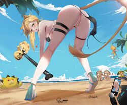 arknights black_bra black_panties blush bra ear_blush embarrassed female female_focus female_pubic_hair hairy_pussy lollipop looking_back omone_hokoma_agm open_mouth panties pubic_hair pussy pussy_juice pussy_juice_string saber_lion sandals siege_(arknights) sweat tagme vagina wet