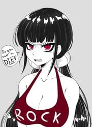 angry annoyed big_breasts black_hair breasts cleavage danganronpa danganronpa_v3 duke_wintermaul english_text harukawa_maki red_eyes tank_top text young_savage