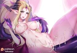 artist_name bangs bed blonde_hair body_markings breasts collarbone crystal cum cum_in_pussy cum_on_body cum_on_breasts diamond_(gemstone) dragon dragon_girl dragon_horns dragon_sorceress_zyra dragon_tail dragon_world_series eyebrows_visible_through_hair facial female groin horns large_breasts league_of_legends long_hair looking_at_viewer lying navel nude on_back patreon_username pointy_ears purple_eyes pussy smile solo spread_legs tail tail_insertion thighs tofuubear tongue tongue_out wide_hips zyra