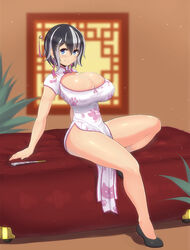 alternate_hair_color alternate_hair_length alternate_hairstyle arm_support bakemonogatari bare_legs black_hair blue_eyes blush breasts bursting_breasts china_dress chinese_clothes cleavage cleavage_cutout clothing_cutout double_bun dress fan female folding_fan hair_ornament hair_stick hanekawa_tsubasa huge_breasts looking_at_viewer magister_(bigbakunyuu) monogatari_(series) multicolored_hair pelvic_curtain short_hair side_slit silver_hair sitting smile solo spoilers thighs two-tone_hair white_hair