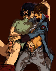 2boys athrun_zala blue_hair brown_hair censored closed_eyes erection gundam handjob jtr kira_yamato male_focus male_masturbation masturbation multiple_boys multiple_penises mutual_masturbation open_mouth pants pants_pull penis short_hair yaoi