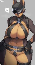 1girls anthro aqua_eyes belt big_breasts blue_eyes blush canine doberman dog_ears domestic_dog female female_only fur furry furry_only grey_background hat hi_res huge_breasts looking_at_viewer smile solo spoken_heart suurin_(ksyaro) text text_bubble thick_thighs voluptuous wide_hips